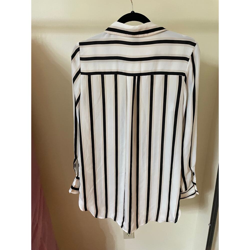 H&M Womens Blouse Size 12 Button Up Long Sleeve Stripe Collar White Black Beige - Picture 2 of 8